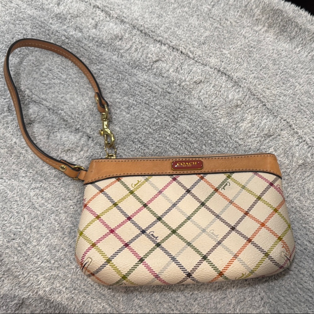 Coach Multicolor Plaid Wristlet with Leather Accents